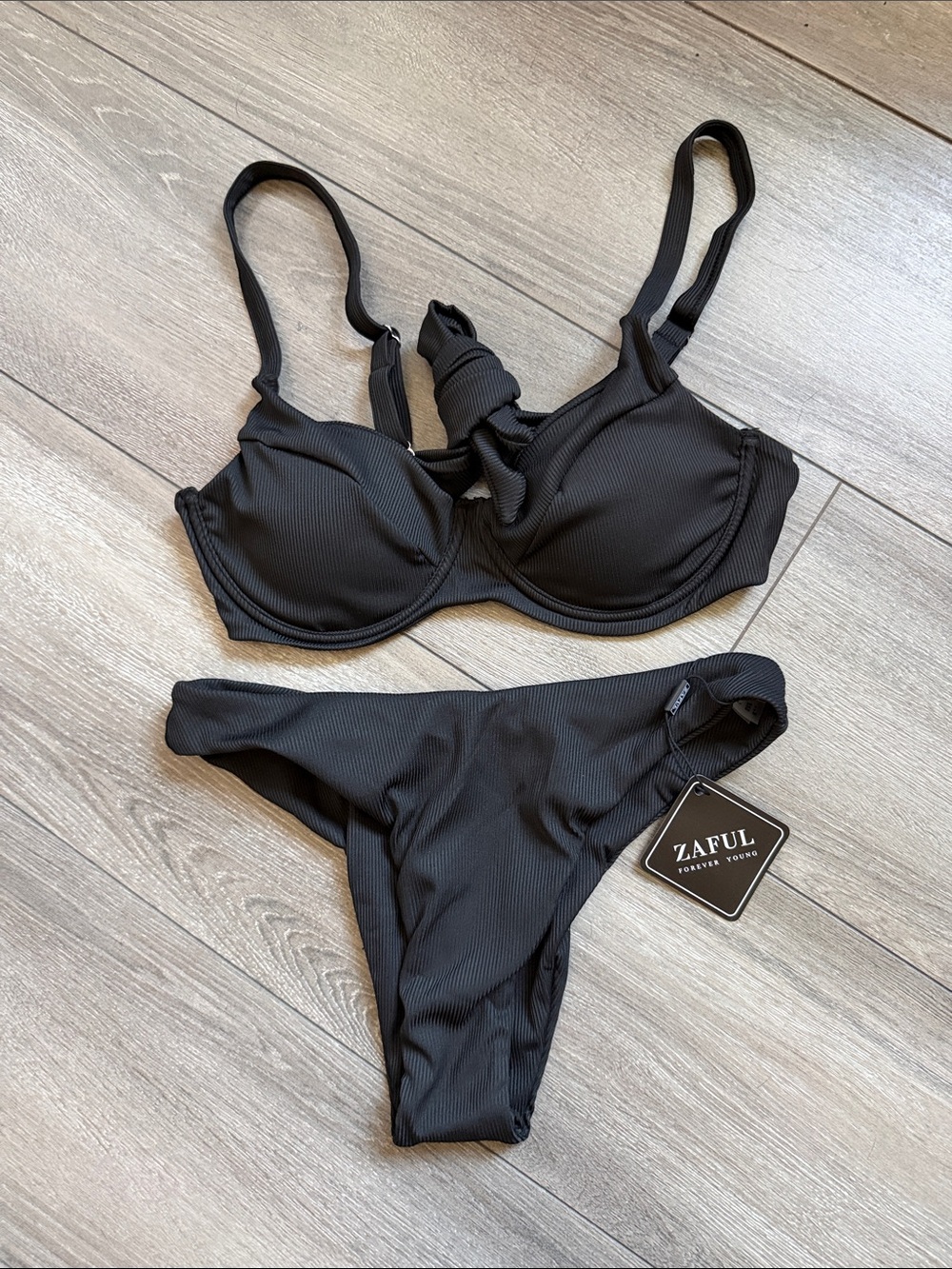 Zaful Black Ribbed Underwire Bikini Set